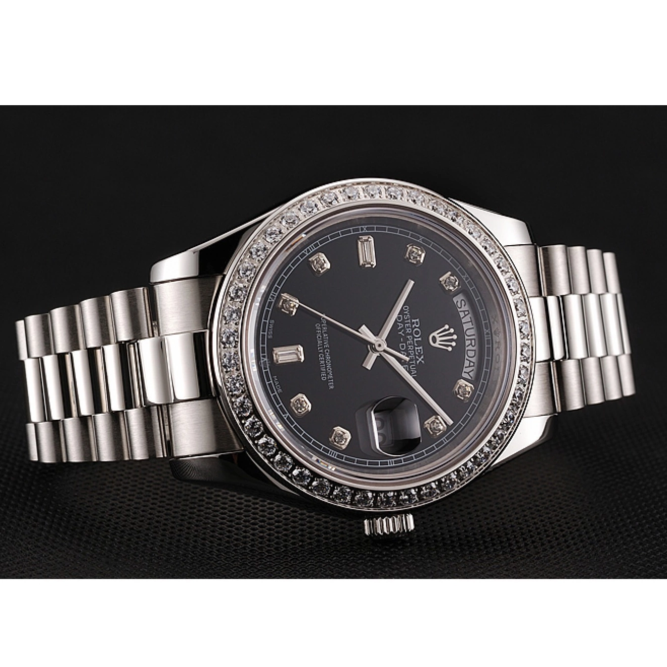 Aaa fake watches Black Rolex Diamond Numerals Swiss Case Dial 1453966 Stainless Day-Date Steel Diamond Bracelet 0605